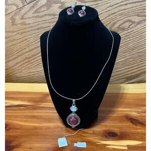 Lia Sophia NEW Necklace & Earring Set Dangle MOP Silver Tone Burgundy Stone